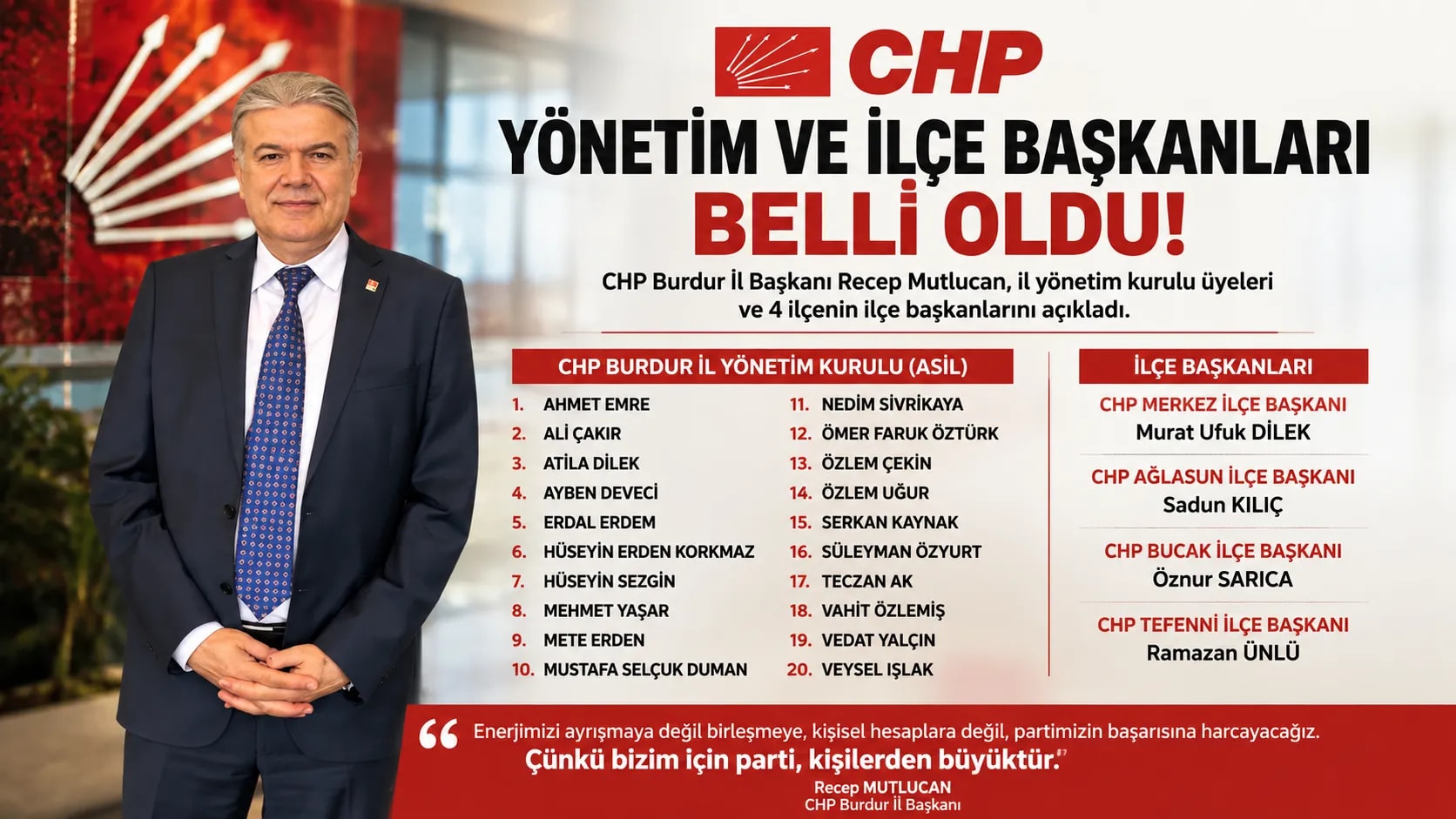 CHP Burdur’da Yeni Yönetim Belli Oldu! Mutlucan’dan “Birleşme” Mesajı